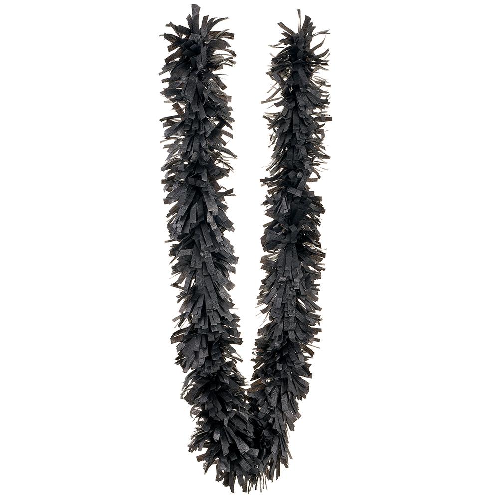9-foot black plastic fringe garland draped in a U-shape against a white background.