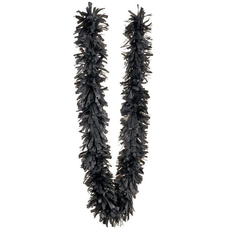 9-foot black plastic fringe garland draped in a U-shape against a white background.