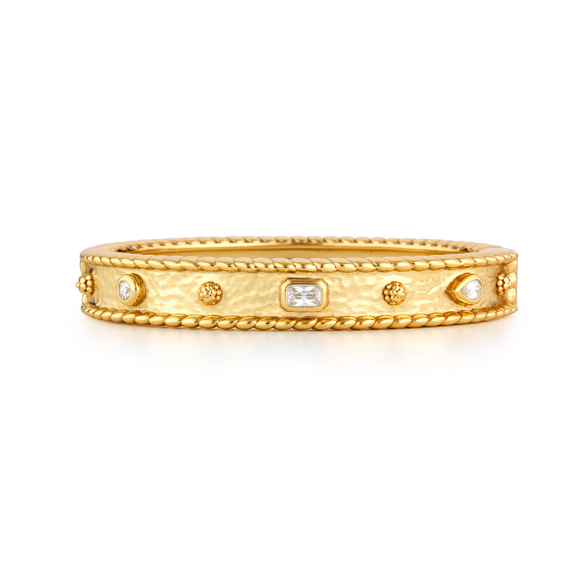 Hinged bangle bracelet with clear cubic zirconia stones set in gold-tone brass.