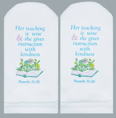 White no-show socks featuring Proverbs 31:26 text and a floral book illustration.