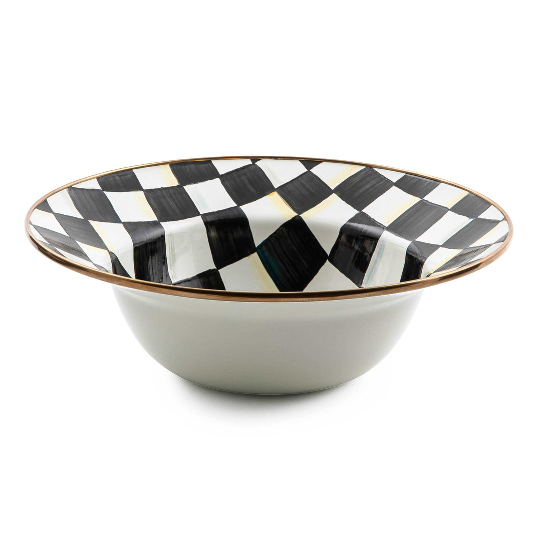 Courtly Check Enamel Serving Bowl with hand-painted black and white checks and bronzed steel rim.