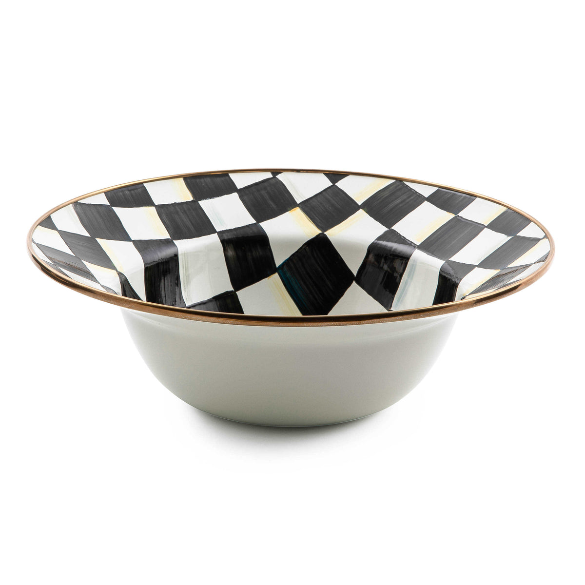 Courtly Check Enamel Serving Bowl with hand-painted black and white checks and bronzed steel rim.