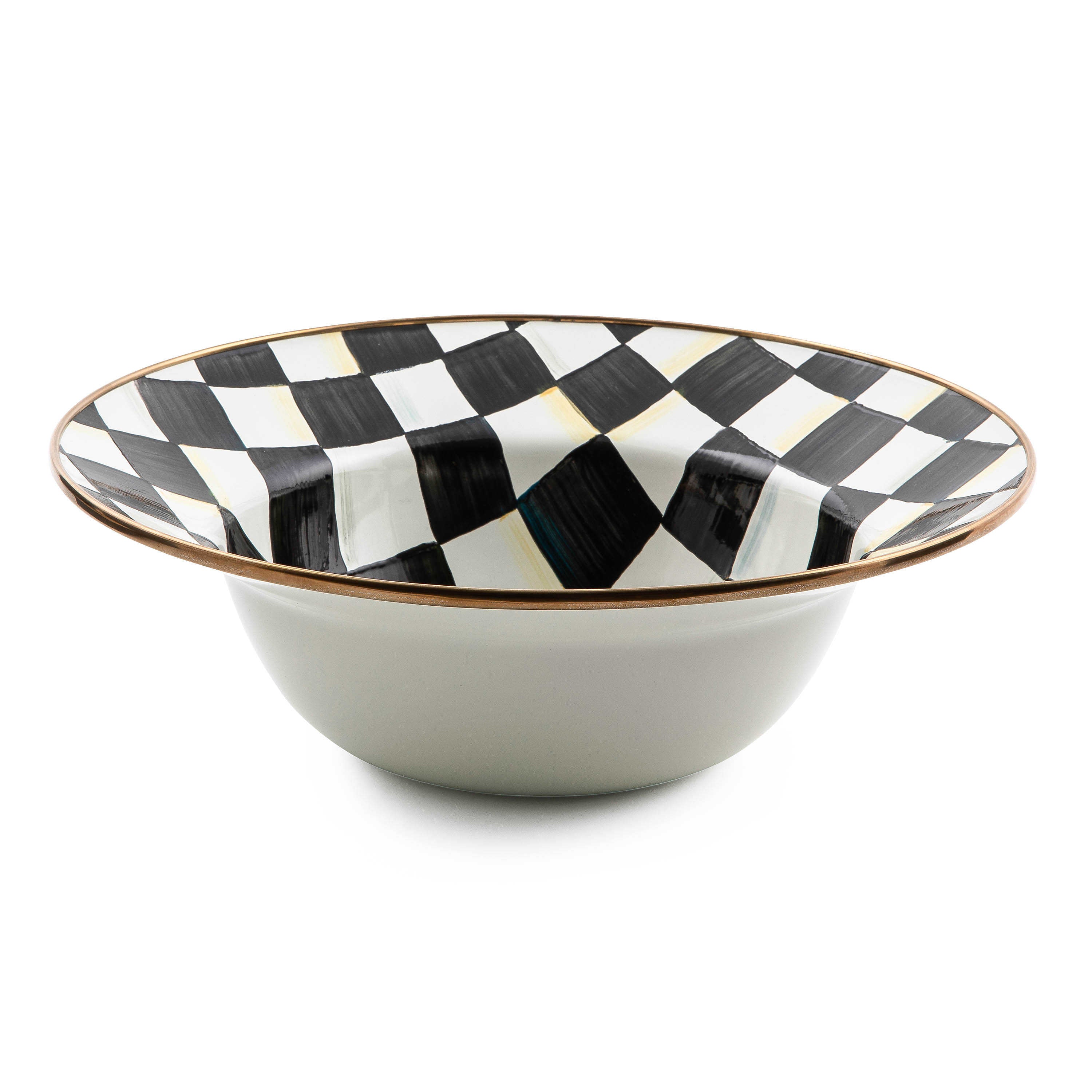 Courtly Check Enamel Serving Bowl with hand-painted black and white checks and bronzed steel rim.