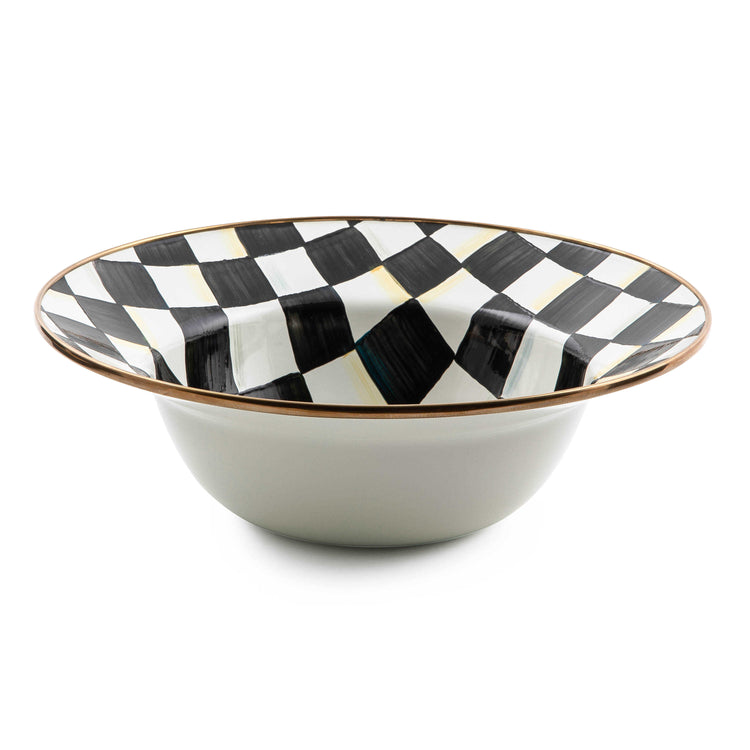 Courtly Check Enamel Serving Bowl with hand-painted black and white checks and bronzed steel rim.