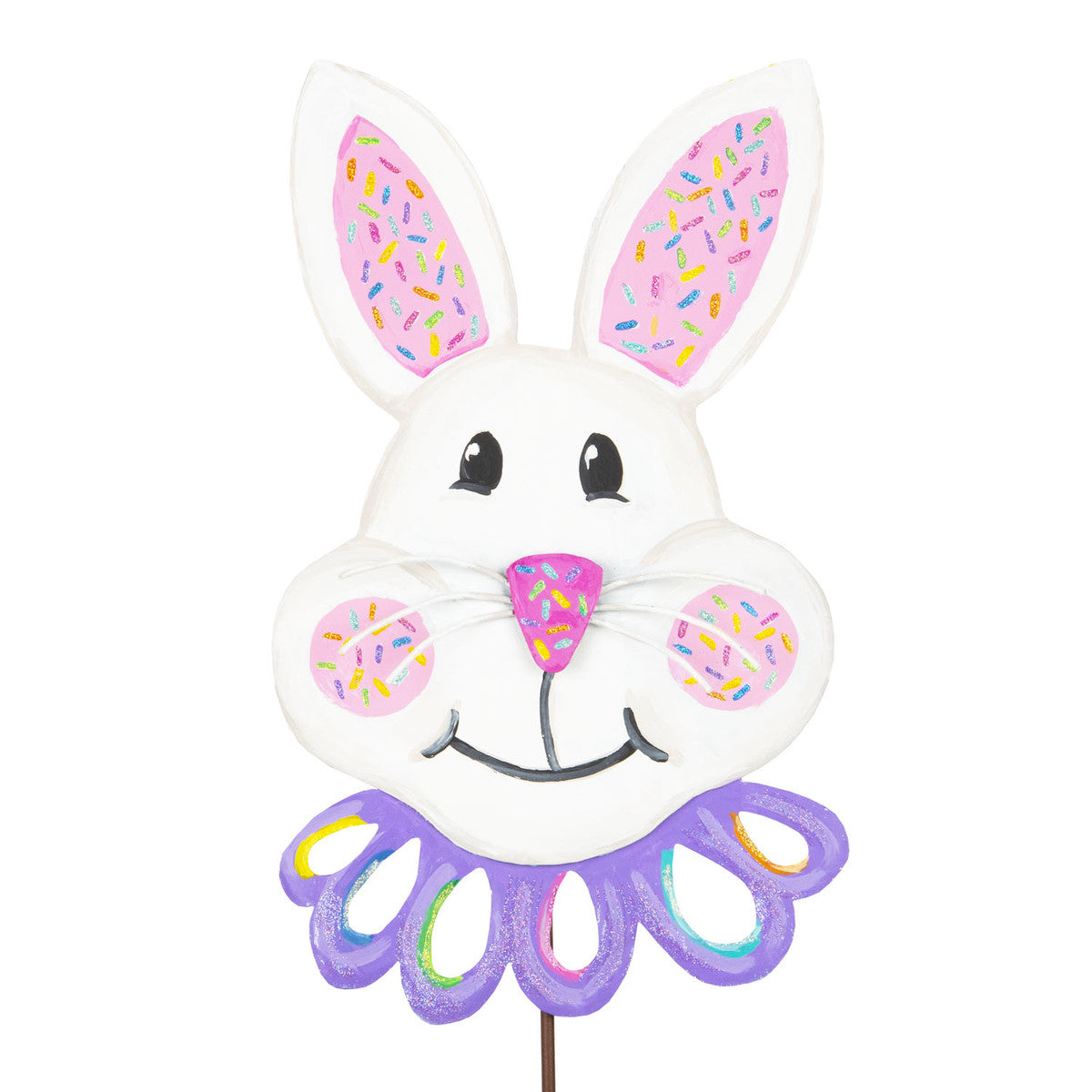 White bunny garden stake with pink ears decorated with colorful sprinkles and a purple ruffled collar.