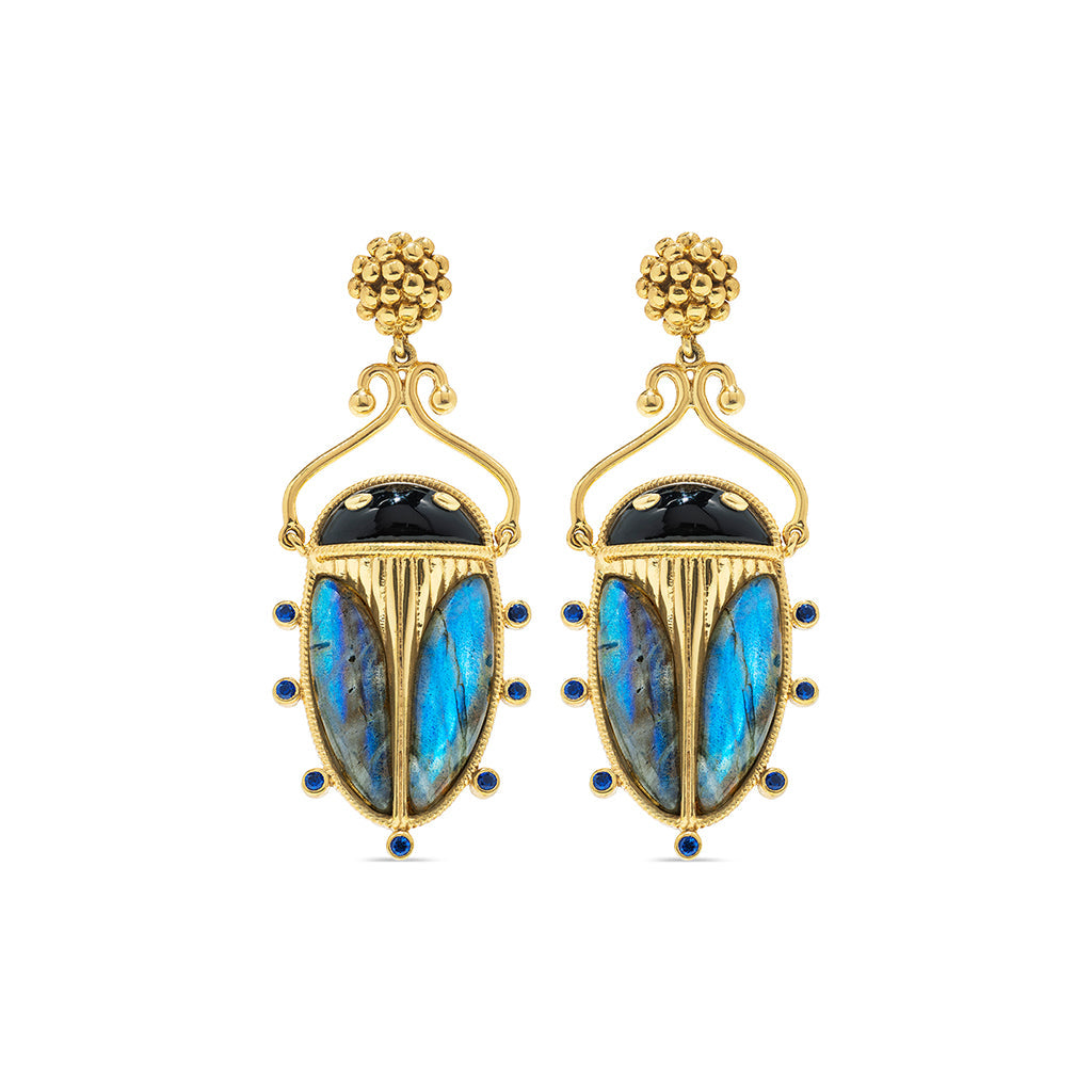 Blue Labradorite drop earrings with black agate accents featuring a scarab beetle silhouette.