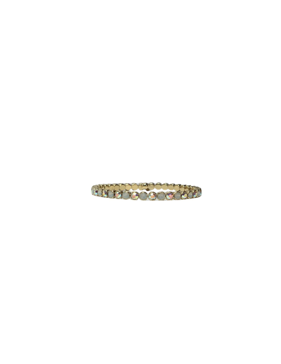 Multi stone gold stretch cuff bracelet with iridescent crystals in a circular gold setting.
