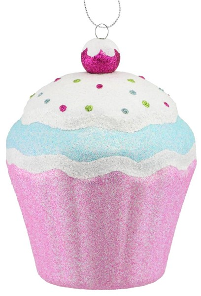 Plastic cupcake ornament in red with white polka dots