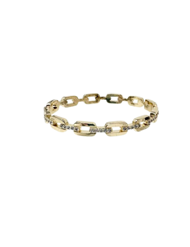 Gold dipped chain link bracelet with cubic zirconia pave stones on the front half.