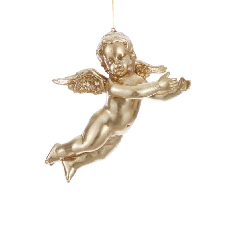 Gold flying cherub ornament with wings and outstretched arms, hanging from a thin gold string.