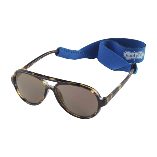 Toddler sunglasses in green and blue plastic with a removable neoprene strap.
