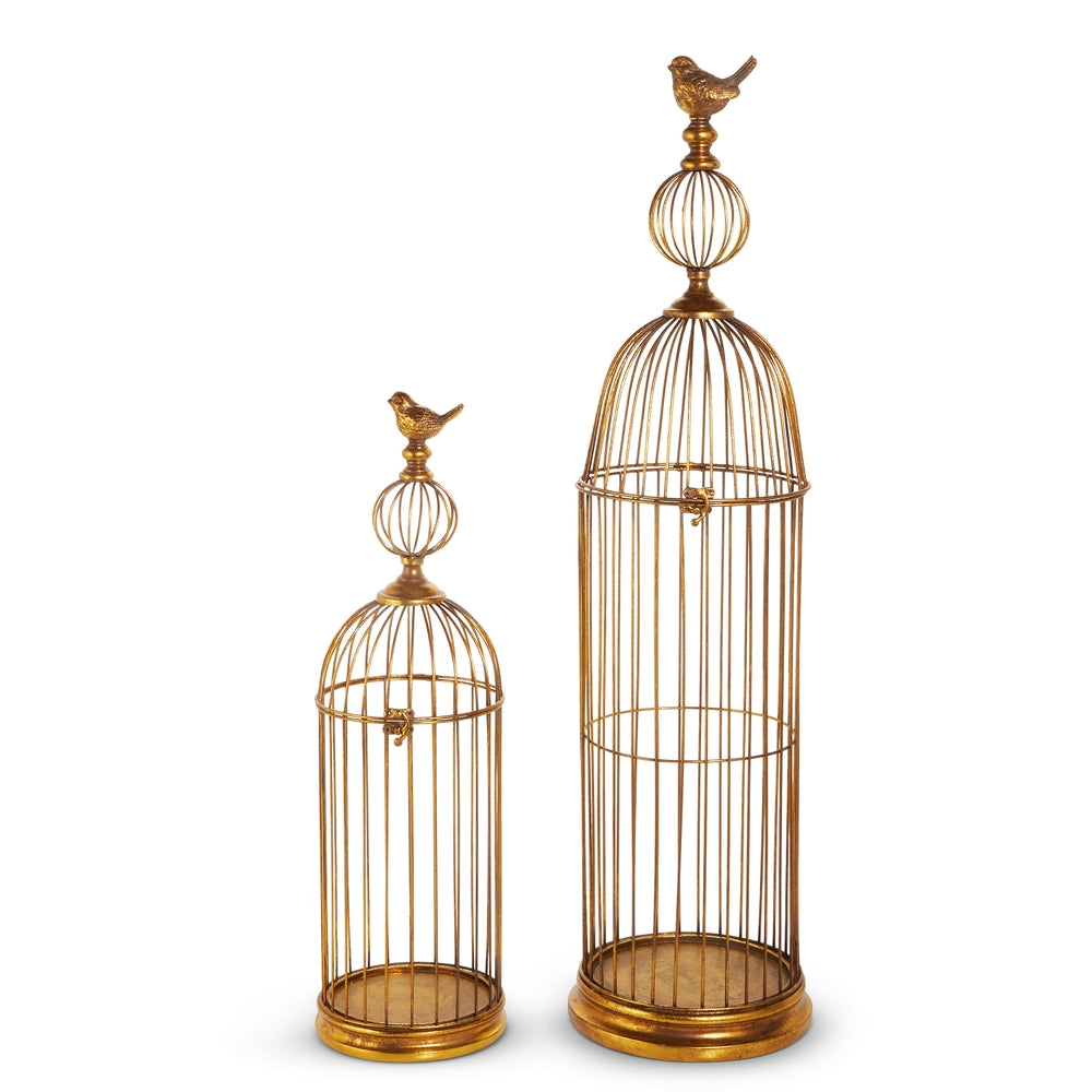 Distressed gold iron birdcage with openwork cage bars and arched top silhouette