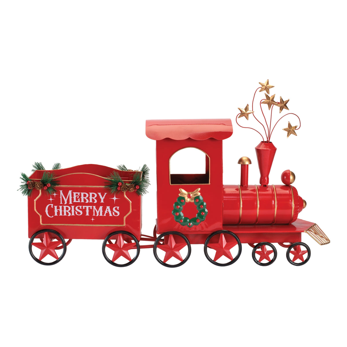 17-inch red metal Christmas train with a 'Merry Christmas' wagon and star-topped smokestack.