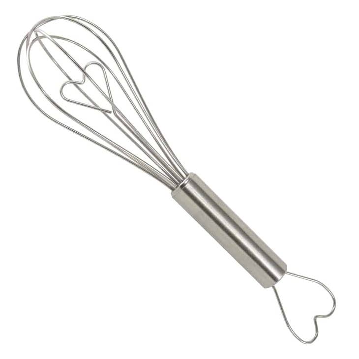 6.25-inch stainless steel whisk with heart-shaped wire details and a heart-shaped hanging loop.