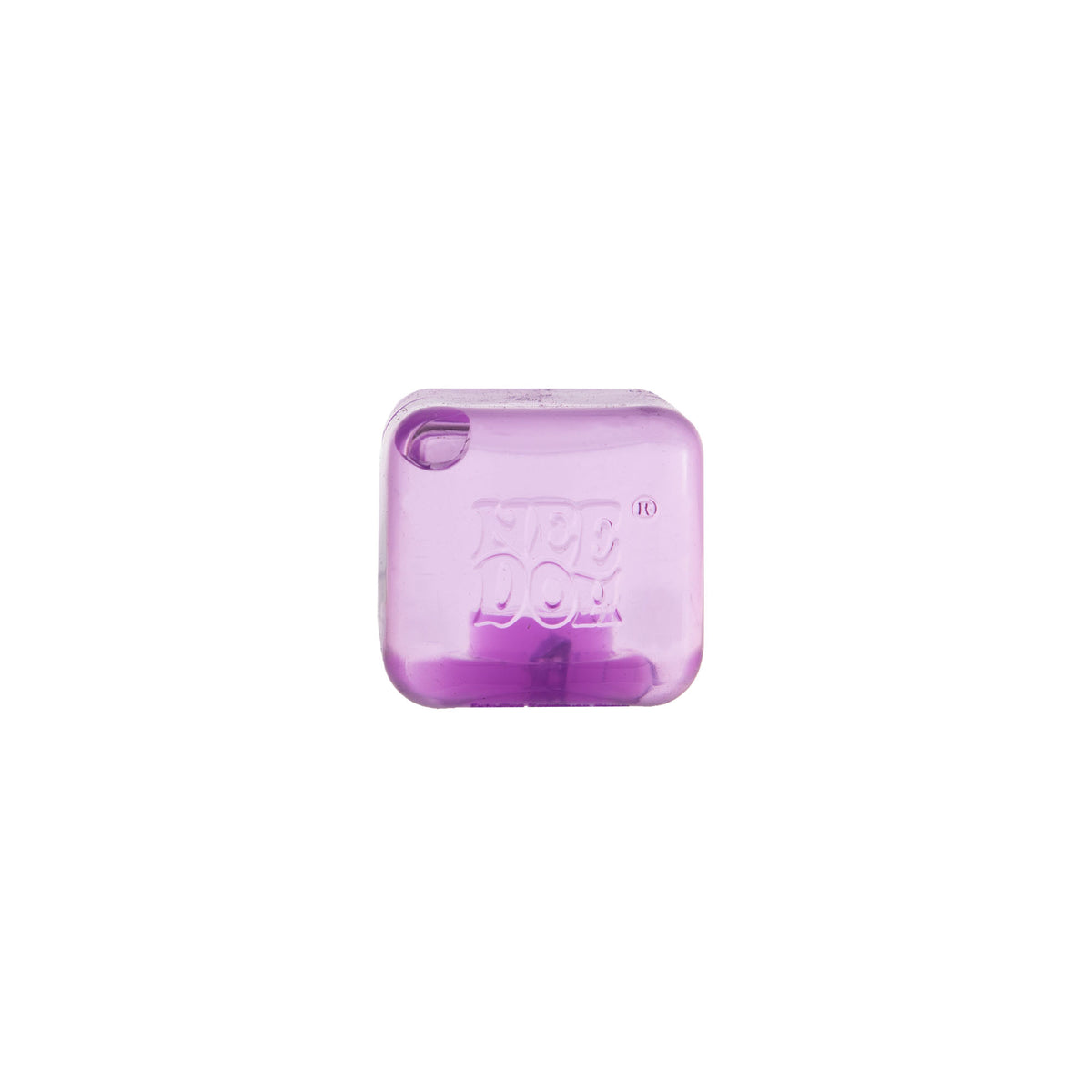 A small, translucent purple cube-shaped fidget toy with the NeeDoh logo embossed on the front.