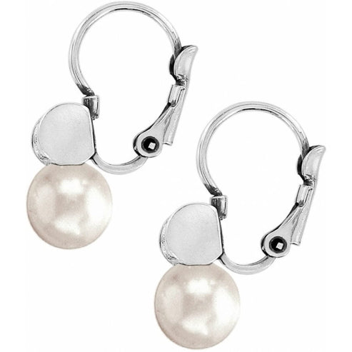 Silver-plated French wire leverback earrings featuring a glass pearl drop with fine quality crystal accents.