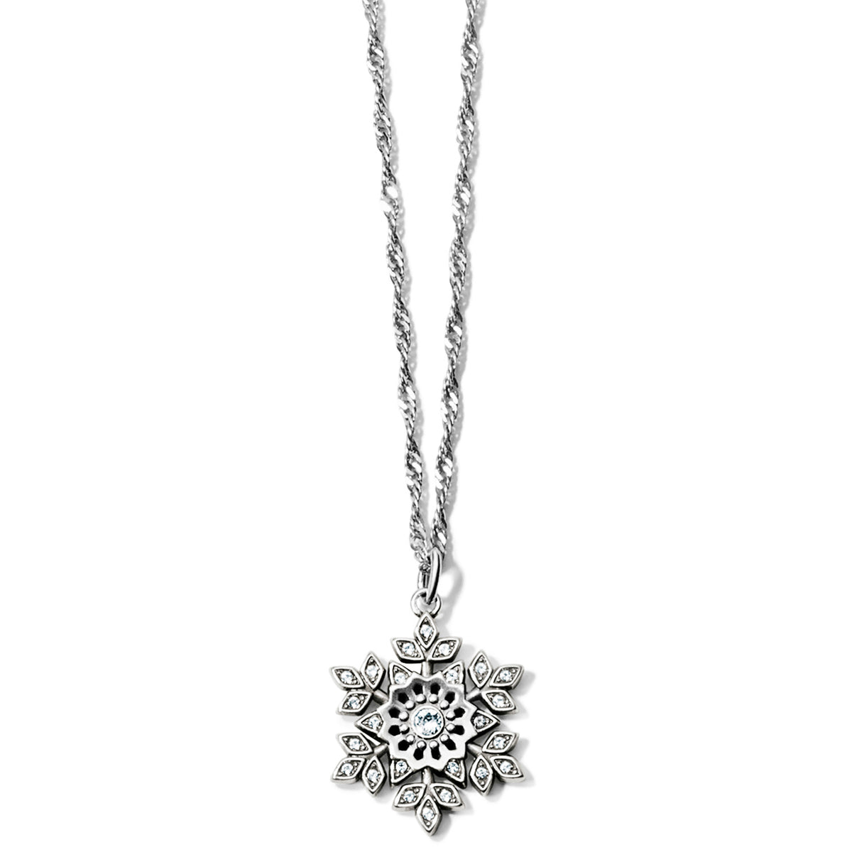Silver plated adjustable necklace with a fine quality crystal snowflake pendant on an 18-inch chain.