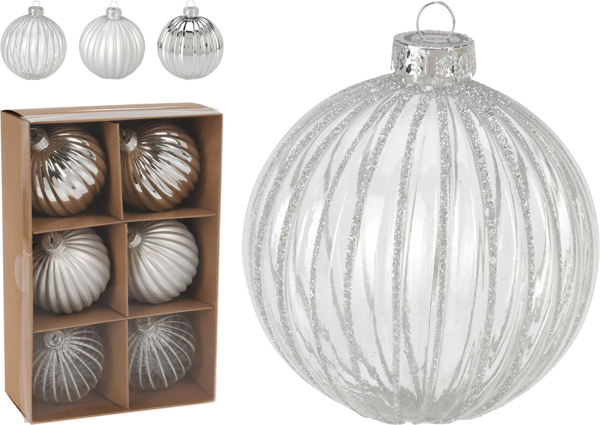 Set of six 80mm silver Christmas ornaments in a box, featuring glittered, matte, and shiny finishes.