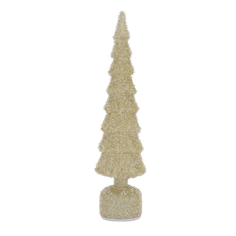 Shimmering gold beaded rotating LED tabletop Christmas tree on a white background.