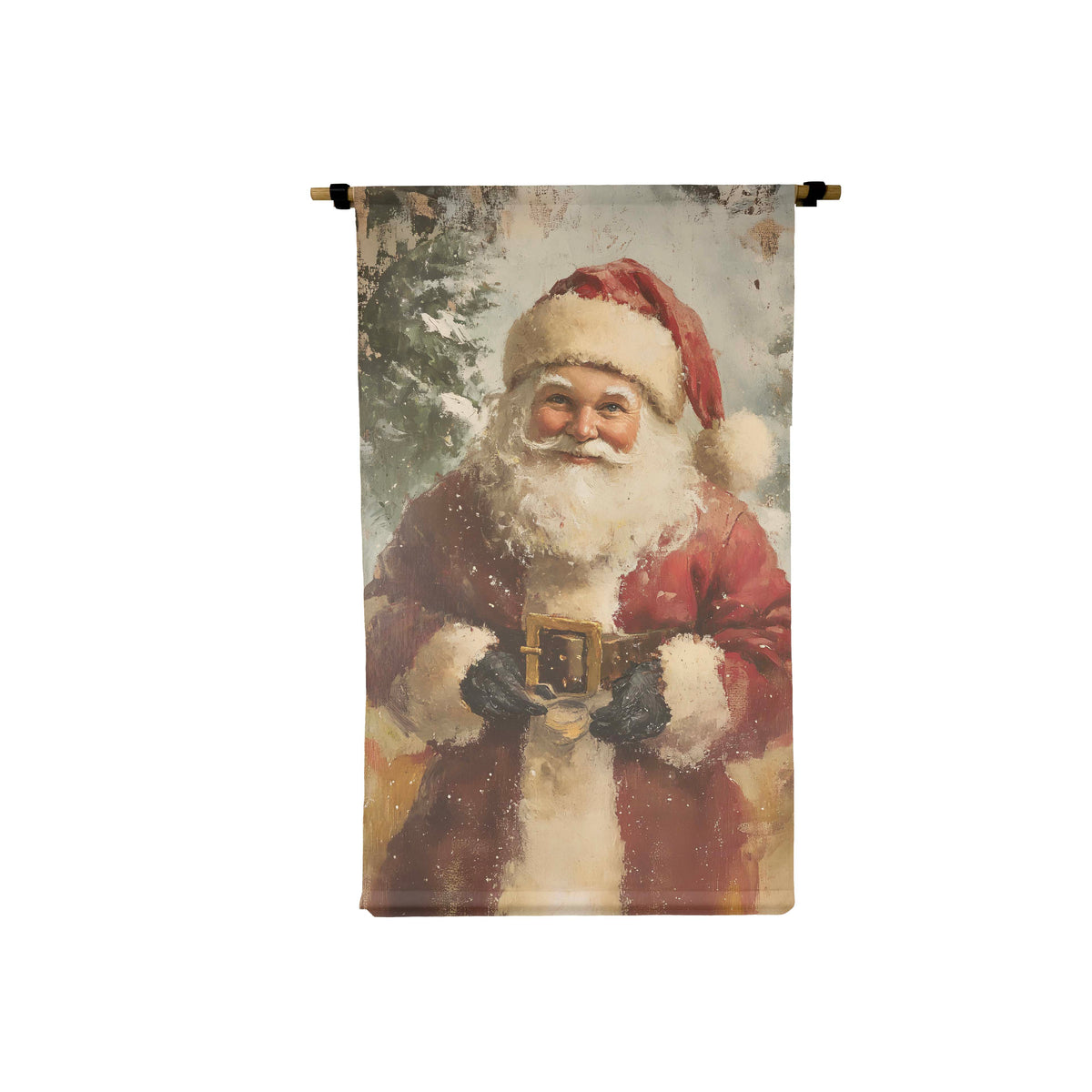 Small vertical canvas scroll featuring a vintage Santa illustration on raw natural fabric with metal hanging brackets.