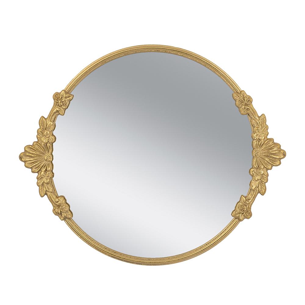 Gold iron frame mirror tray with intricate floral cutout patterns