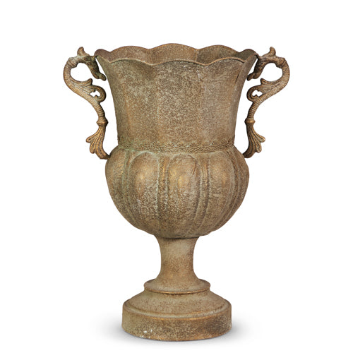 Gold iron trophy urn with a classic tapered silhouette measuring 17 inches tall.