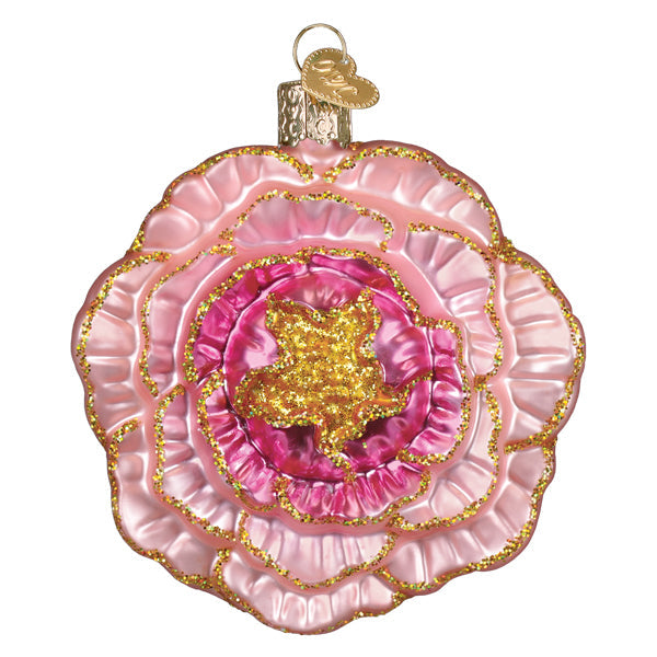 Pink glass peony ornament with gold glitter accents and a heart-shaped metal tag.