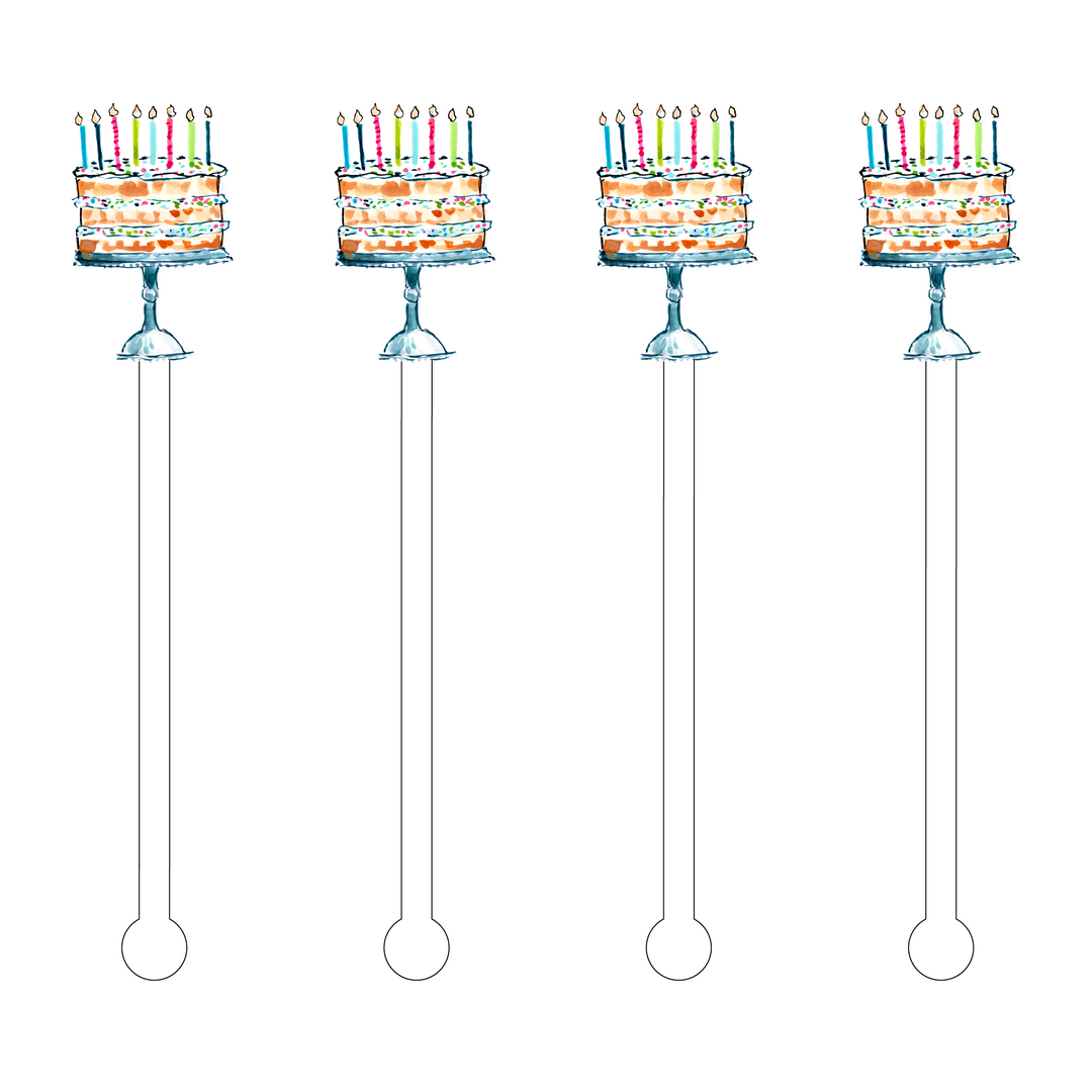 Set of four 6-inch acrylic stir sticks featuring a watercolor confetti birthday cake design.
