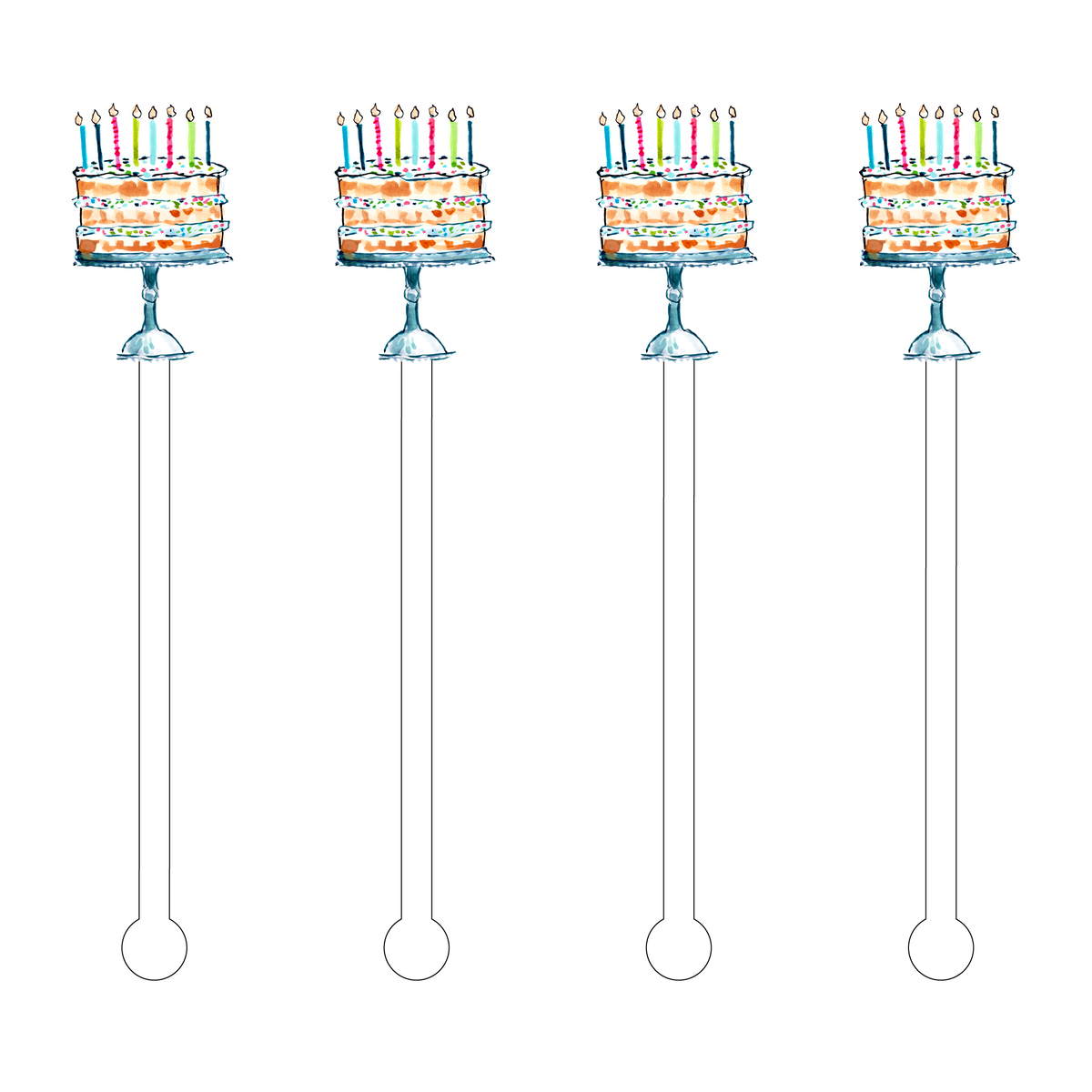 Set of four 6-inch acrylic stir sticks featuring a watercolor confetti birthday cake design.