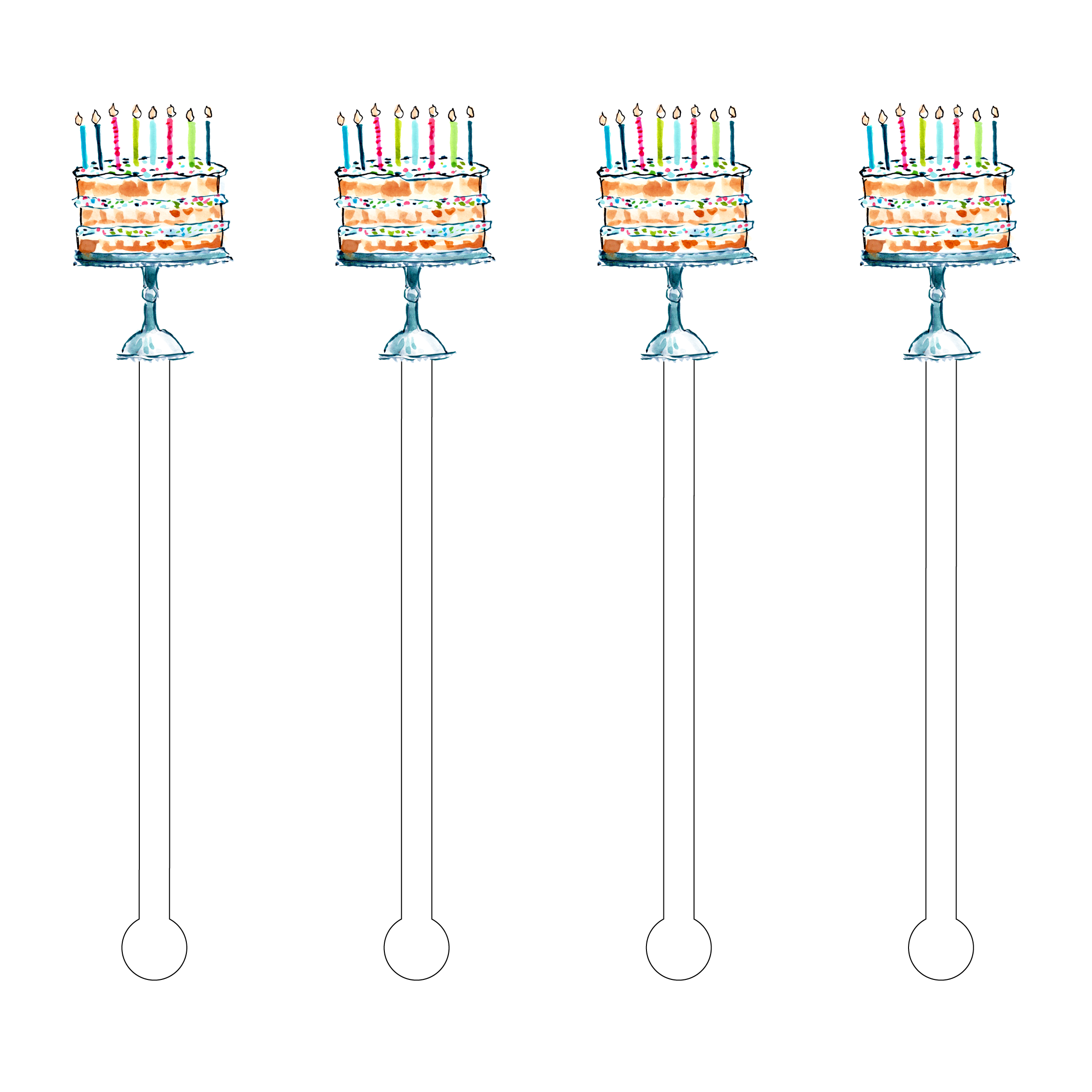 Set of four 6-inch acrylic stir sticks featuring a watercolor confetti birthday cake design.