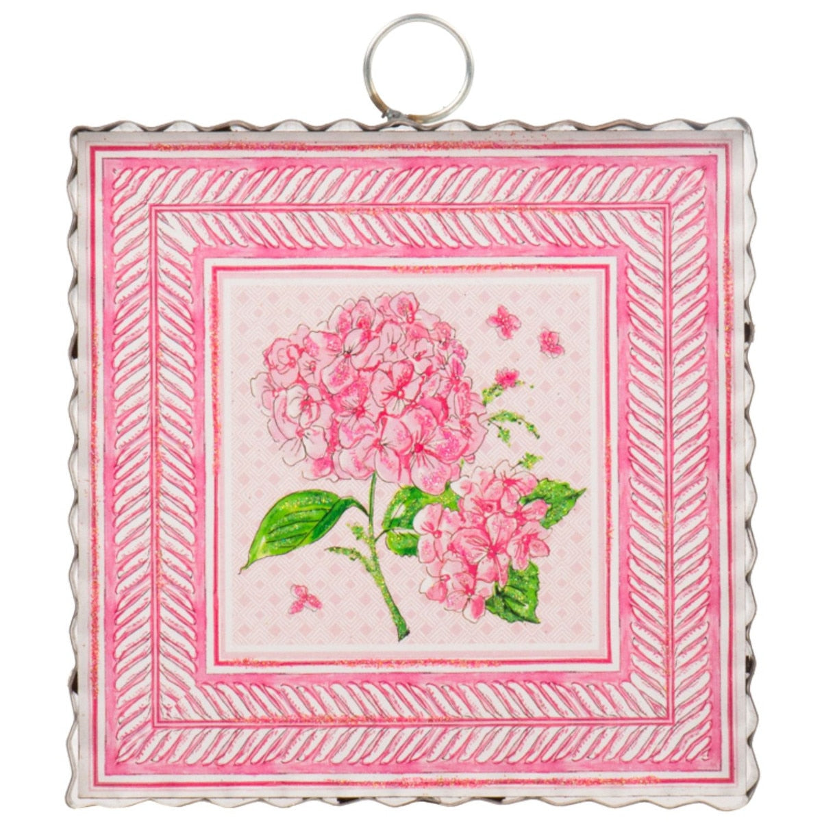 Mini Beck's Hydrangea hanging wall planter with a white ceramic finish and blue hydrangea floral design.