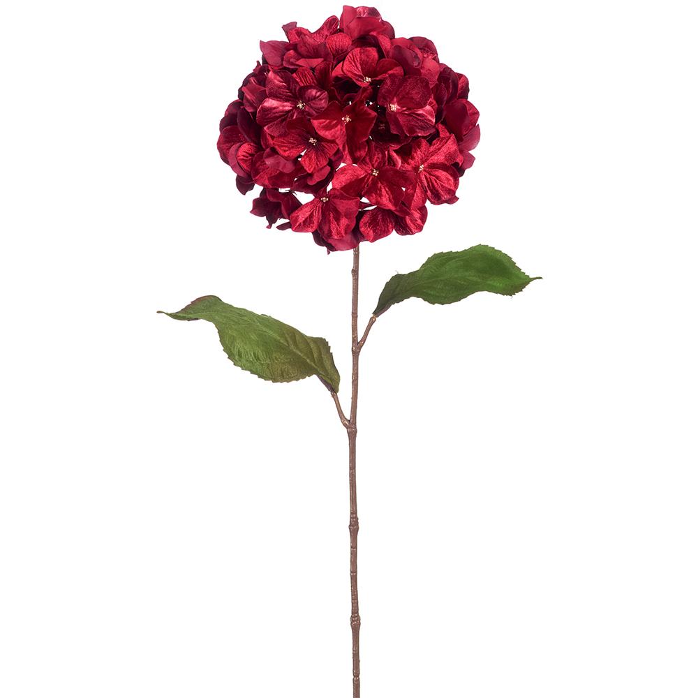 29 inch Shimmer Velvet Hydrangea Spray in deep red with two green leaves on a brown stem.
