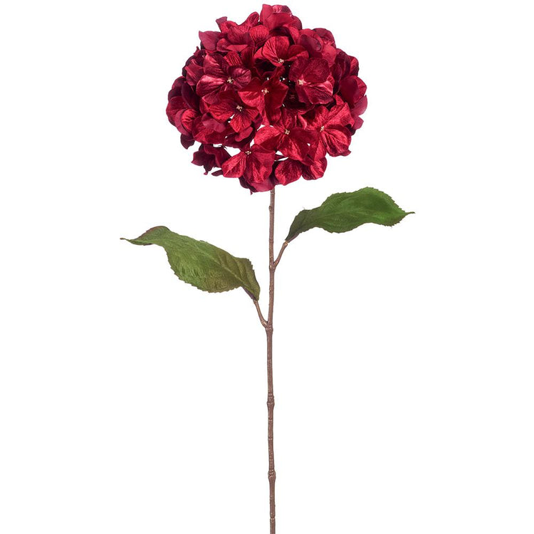 29 inch Shimmer Velvet Hydrangea Spray in deep red with two green leaves on a brown stem.