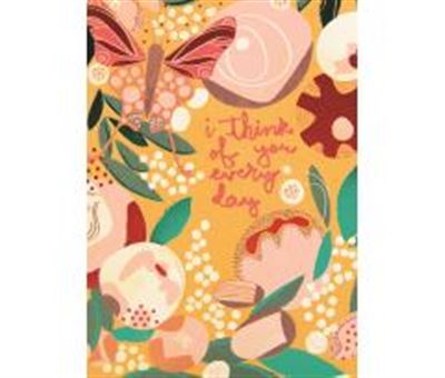 Yellow card with a butterfly and floral pattern, featuring the text "i think of you every day".