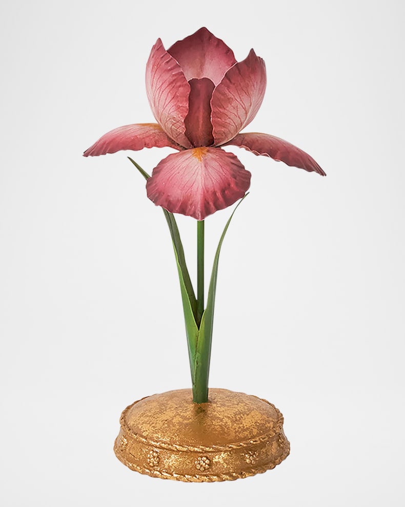 Meadow Walk 9-inch pink iris candlestick with a green stem and textured gold base.