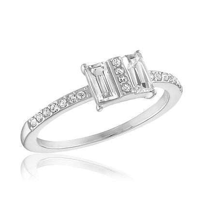 Double Baugette stackable ring in silver-tone metal with a textured geometric pattern.