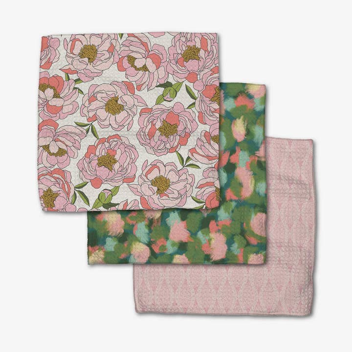 Set of three waffle weave dishcloths in recycled polyester with single-sided prints and hang loops.