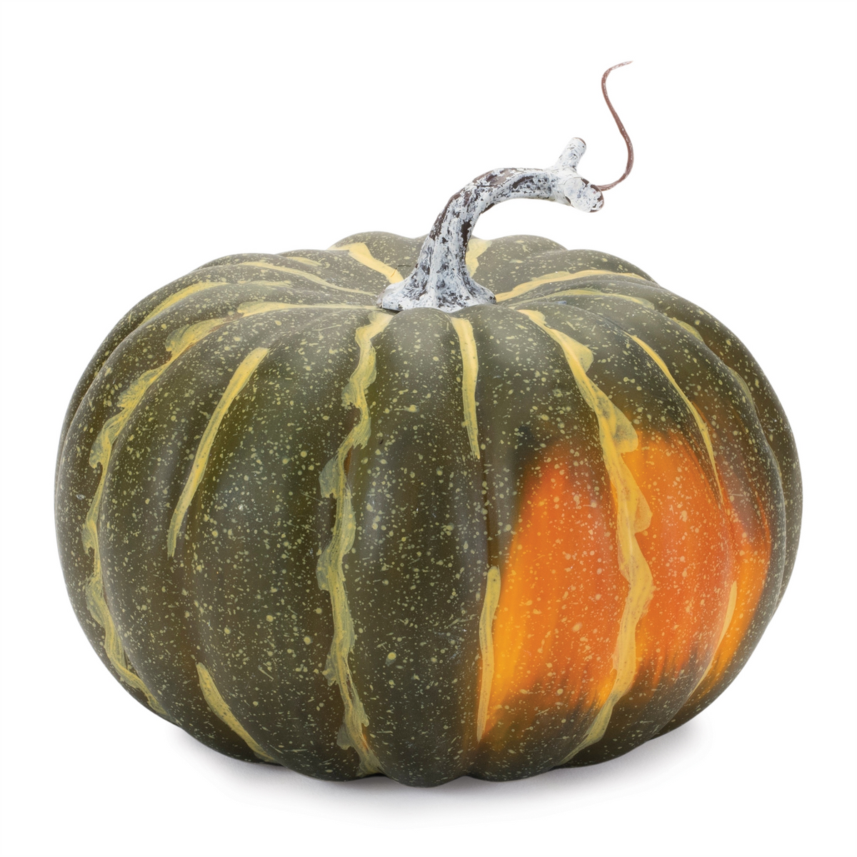 Green and orange speckled decorative styrofoam pumpkin with a white stem and curly vine.