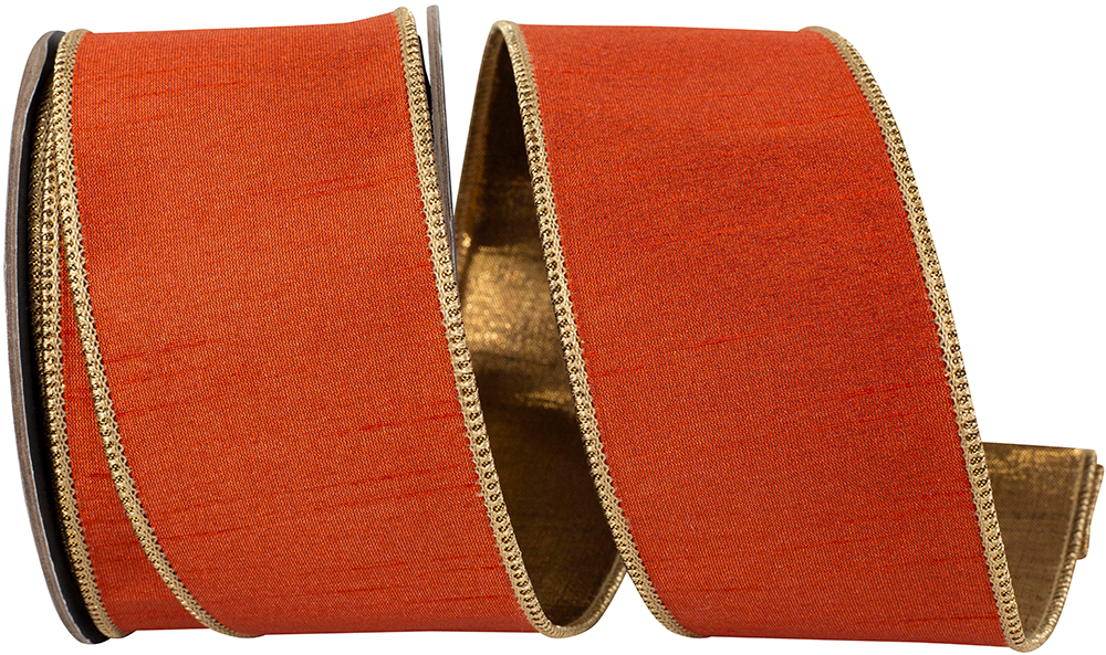 Copper dupioni shimmer wired edge ribbon with metallic gold backing and trim.