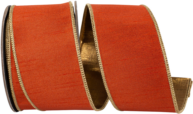 Copper dupioni shimmer wired edge ribbon with metallic gold backing and trim.