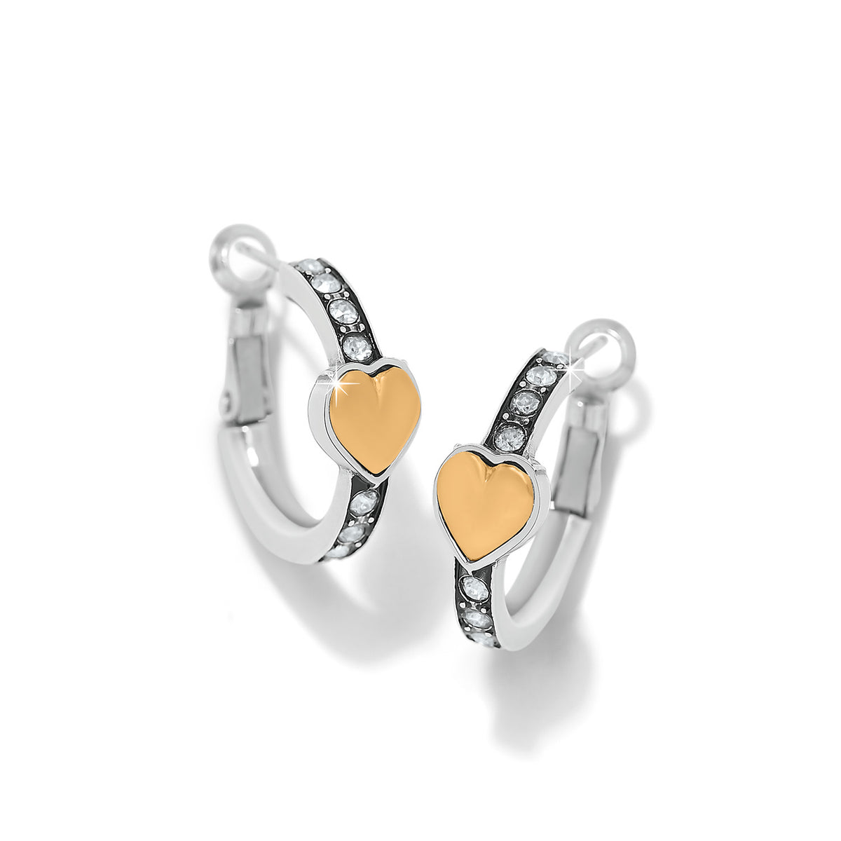 Two-tone silver and gold heart hoop earrings with crystal accents and lever back closures.
