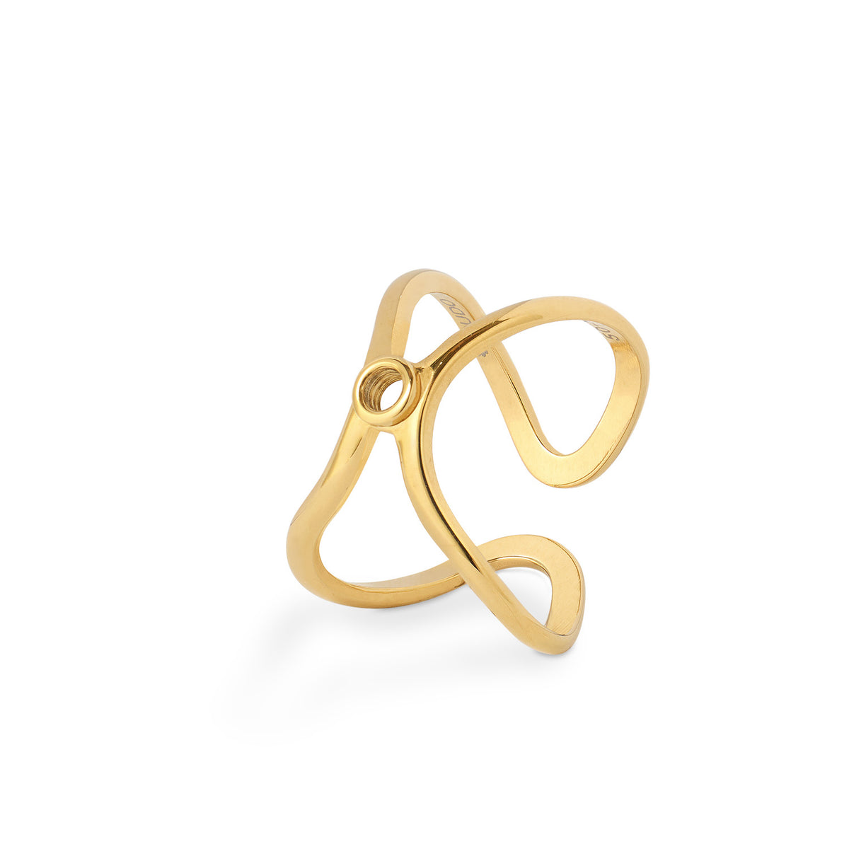 Gold adjustable ring with an open, wavy design and a small circular detail.