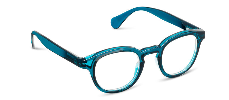 Asher eyeglasses with round chunky frames in bold blue color featuring Peepers Blue Light Focus lenses.