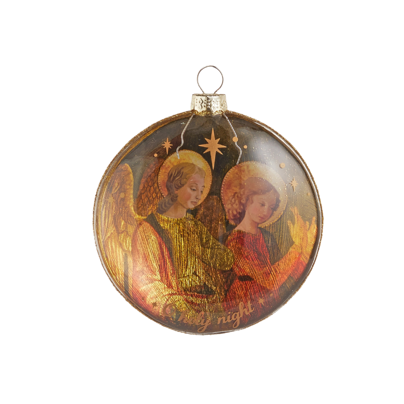 4-inch glass disc ornament featuring two vintage-style angels and the text "O holy night".