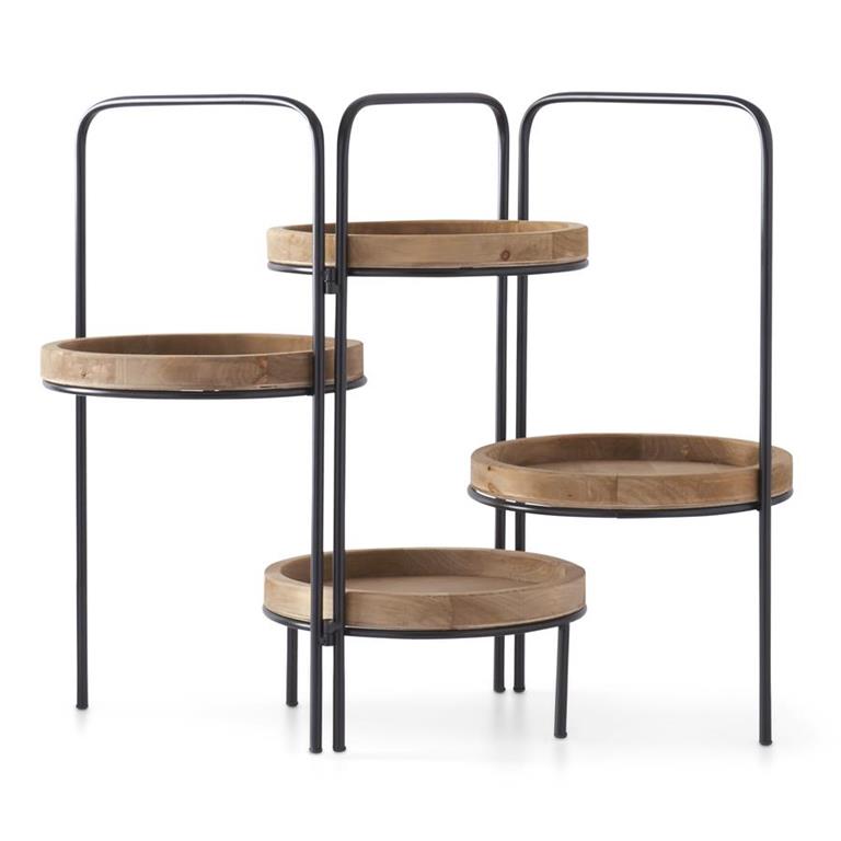 Black metal tray stand with natural wood accents in rattan plywood