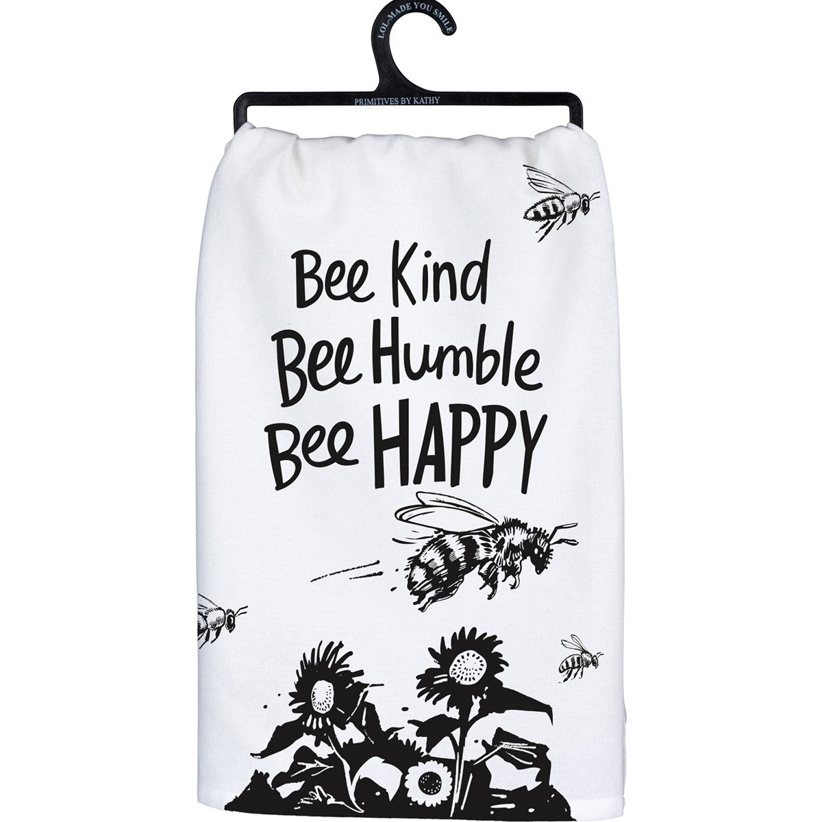 White cotton kitchen towel with black bee and sunflower print and text "Bee Kind Bee Humble Bee HAPPY".