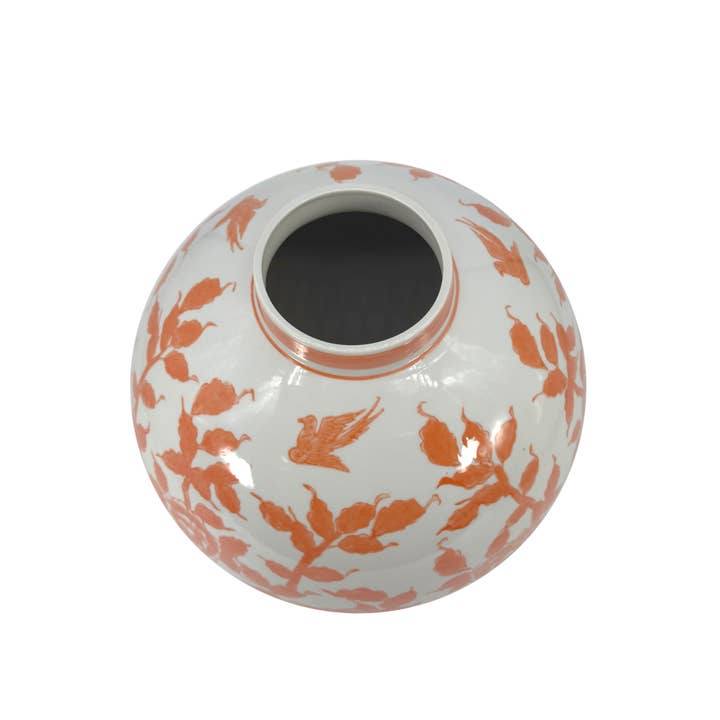 Top view of a 12-inch white ceramic globe vase with orange Chinoiserie floral and bird patterns.