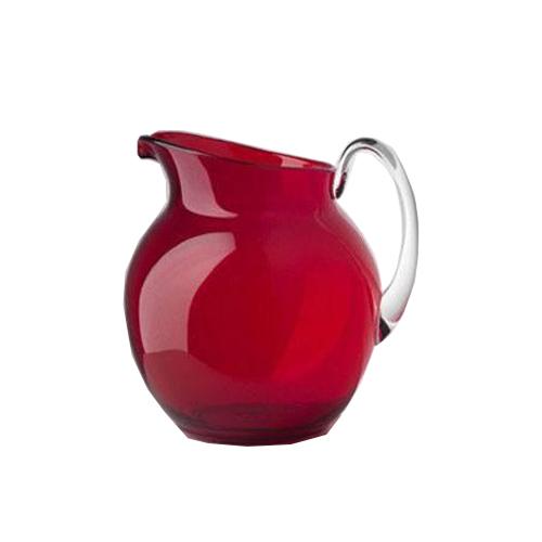 Transparent glass pitcher with a cylindrical shape holding water.