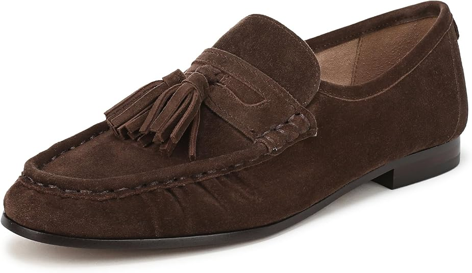 Dark brown suede Lana tassel loafer with hand-finished tassels and a low heel.