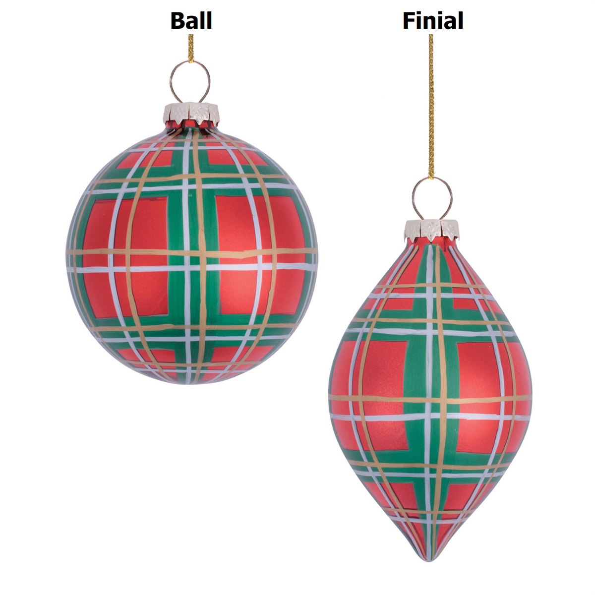 Glass Christmas ornaments with a red, green, and gold plaid pattern. One is ball-shaped, the other is finial-shaped.